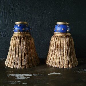 Vintage 1992 Celestial St Vandor Blue and Gold Tassel Candle Holders